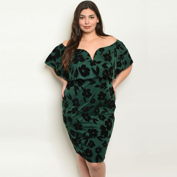 486 ❤️ 3X Plus Size Green Floral Off Shoulder Ruffle Dress - Picture 3 of 4
